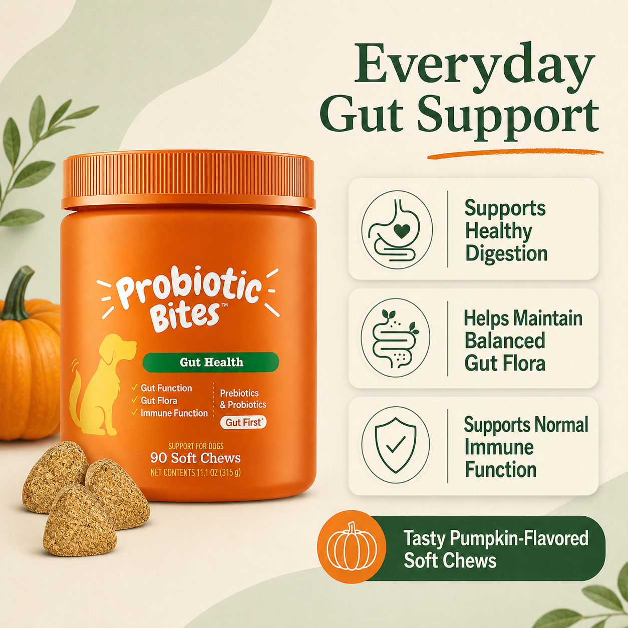 Dog probiotic soft chew benefits including digestion and gut flora support