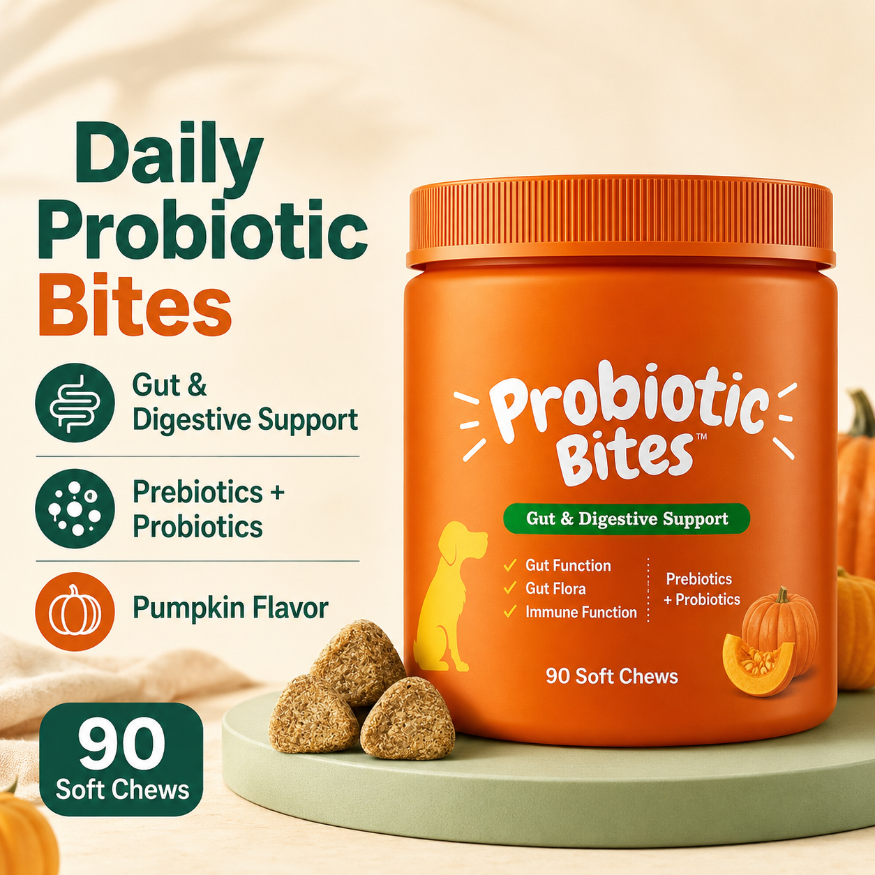 Daily Probiotic Bites for dogs, pumpkin flavor, 90 soft chews