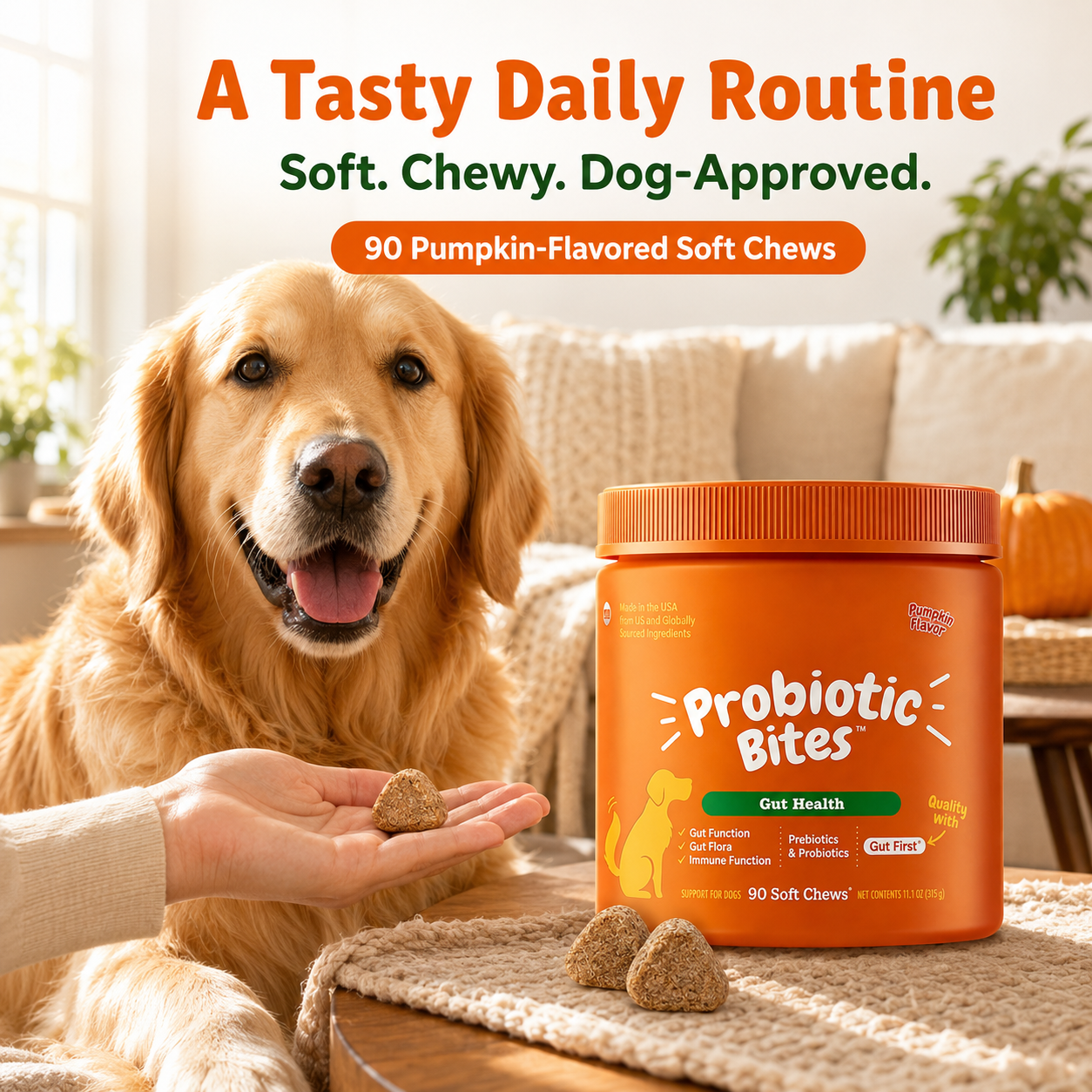 Golden retriever with pumpkin flavored probiotic soft chews