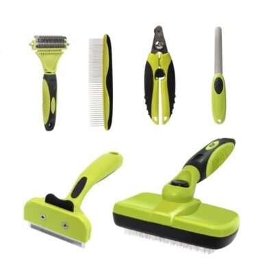 Six lime-green brushing, deshedding and nail-care tools for dogs and cats