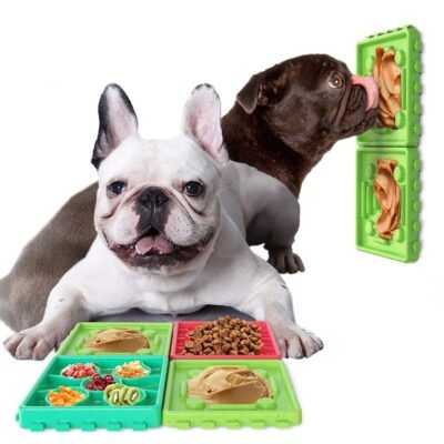 ALT: Four interlocking dog feeding mats used with dry food and spreadable treats