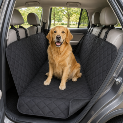 Dog sitting on a back seat car protector