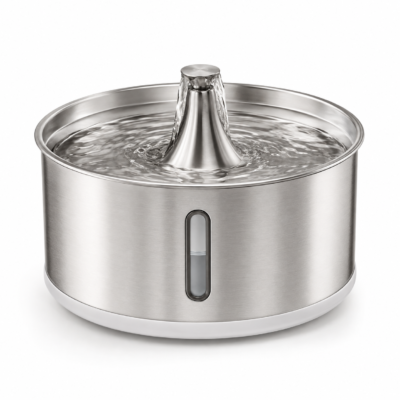 Stainless steel pet water fountain in a clean home
