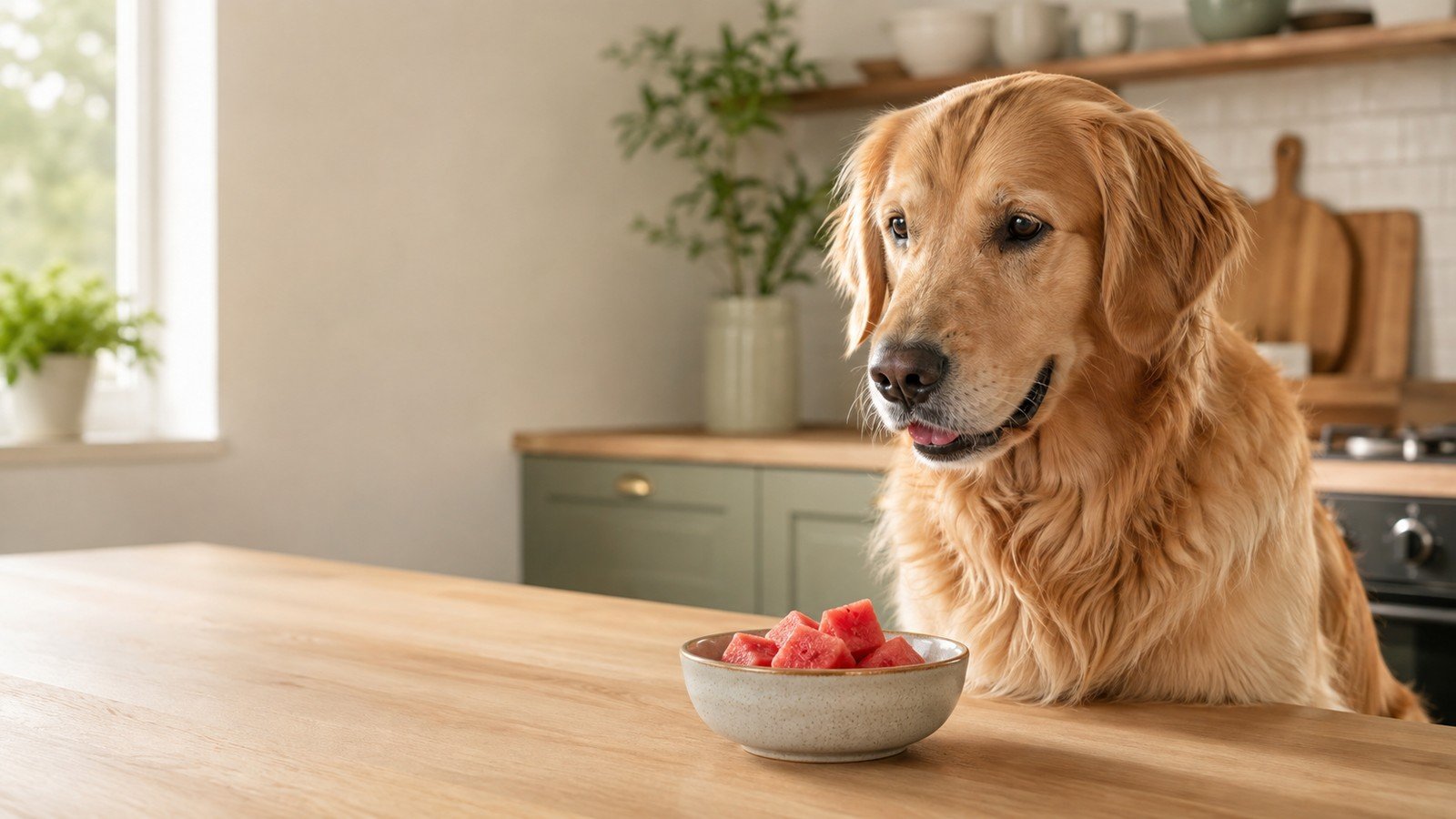 Golden retriever beside a small bowl of seedless watermelon cubes in a bright kitchen