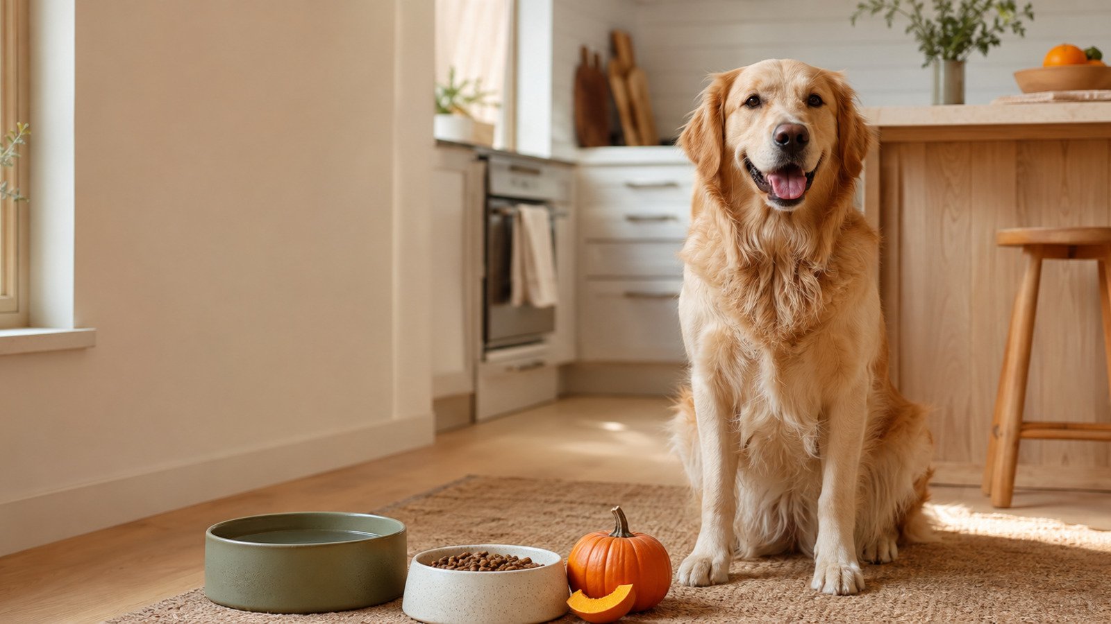 Golden retriever beside fresh water and food bowls in a bright home