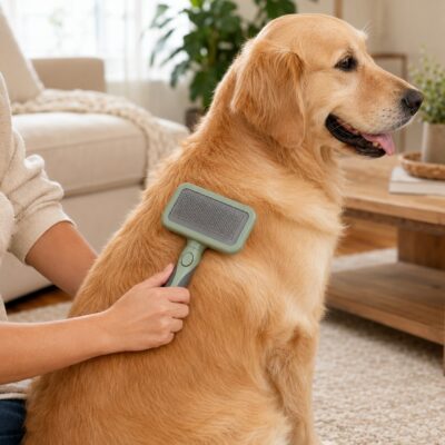 Golden retriever being groomed with a self-cleaning slicker brush