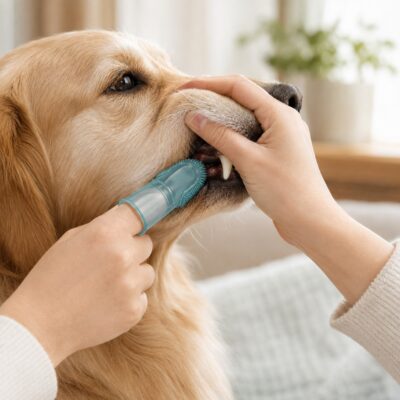 Golden retriever receiving dental care with silicone finger toothbrush