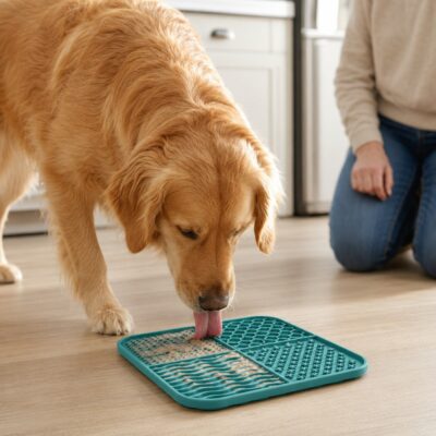 Dog using a teal silicone lick mat during supervised treat time