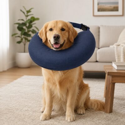 Golden retriever wearing navy inflatable recovery collar