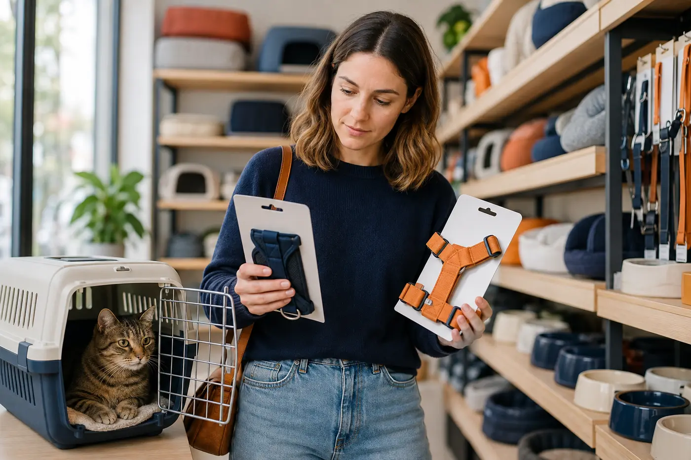 Pet owner comparing accessories while choosing a nearby pet store
