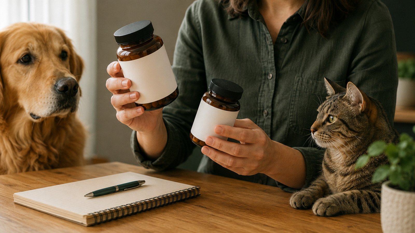 Pet owner reading blank pet wellness product labels beside a dog and cat