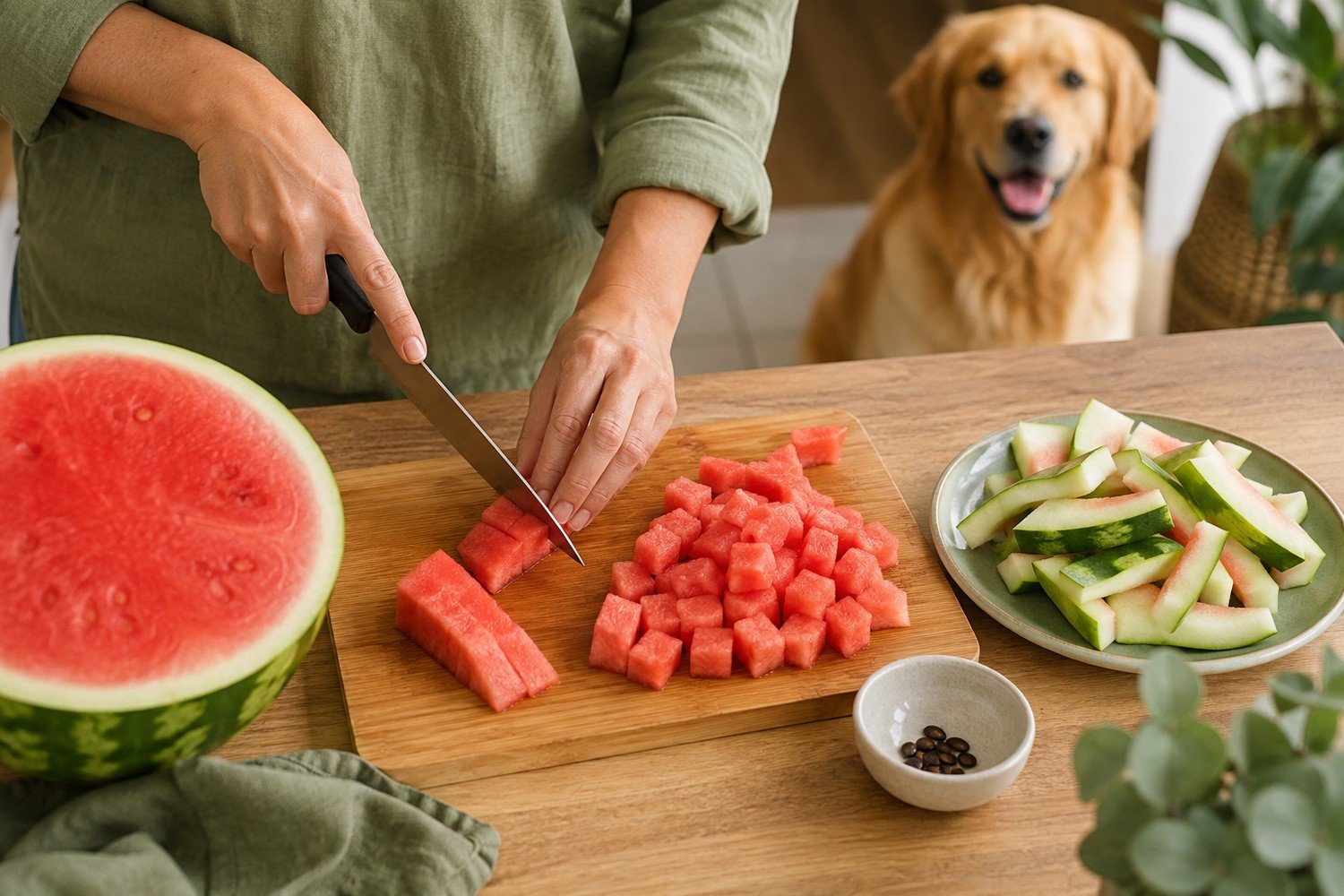 Pet owner removing watermelon rind and seeds before cutting the flesh into small dog-safe pieces
