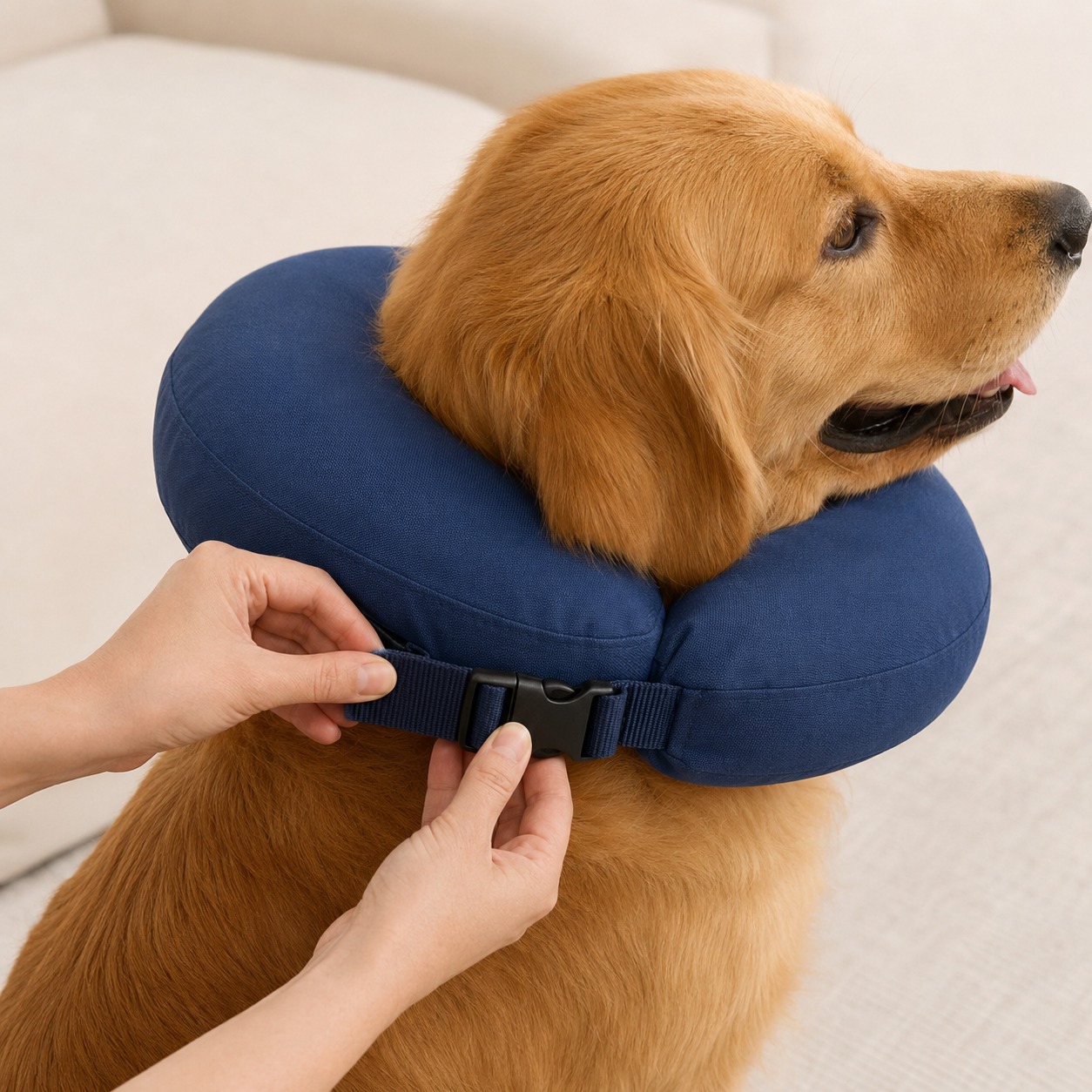 Adjustable buckle being fastened on navy pet recovery collar