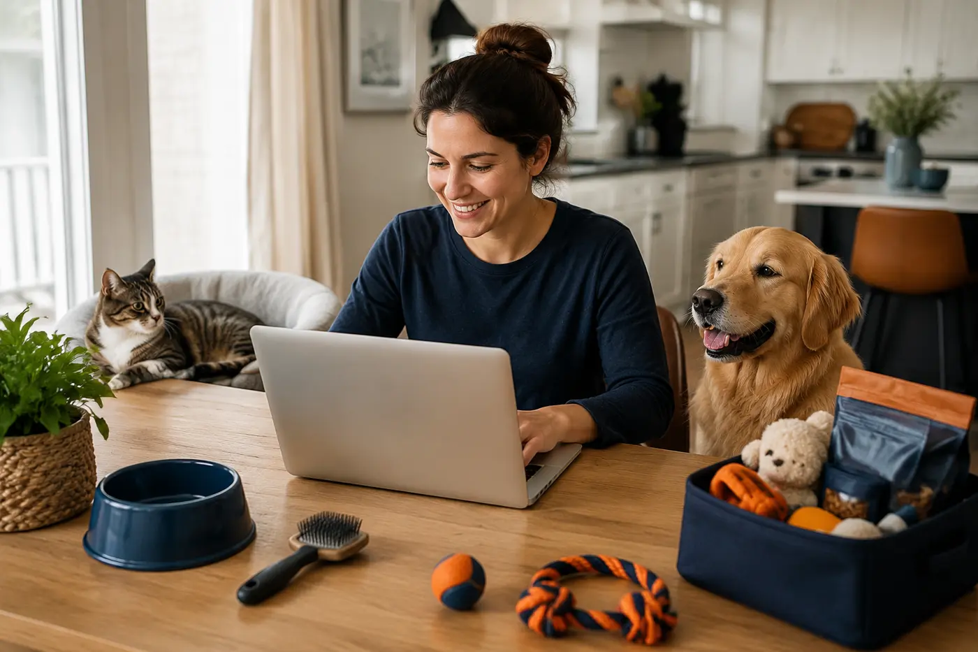 Pet owner shopping online for dog and cat supplies at home