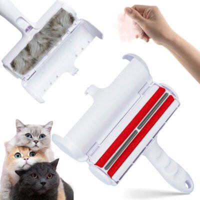 Hands wiping the red fabric strip of a reusable pet hair remover roller