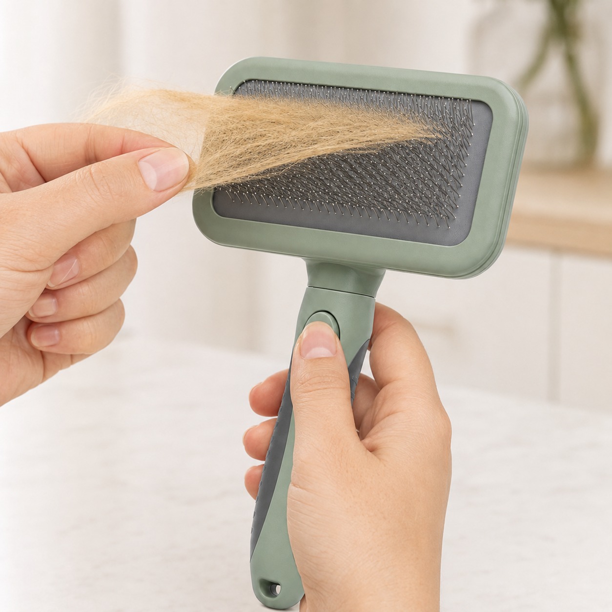 Self-cleaning slicker brush release button and collected pet hair removal
