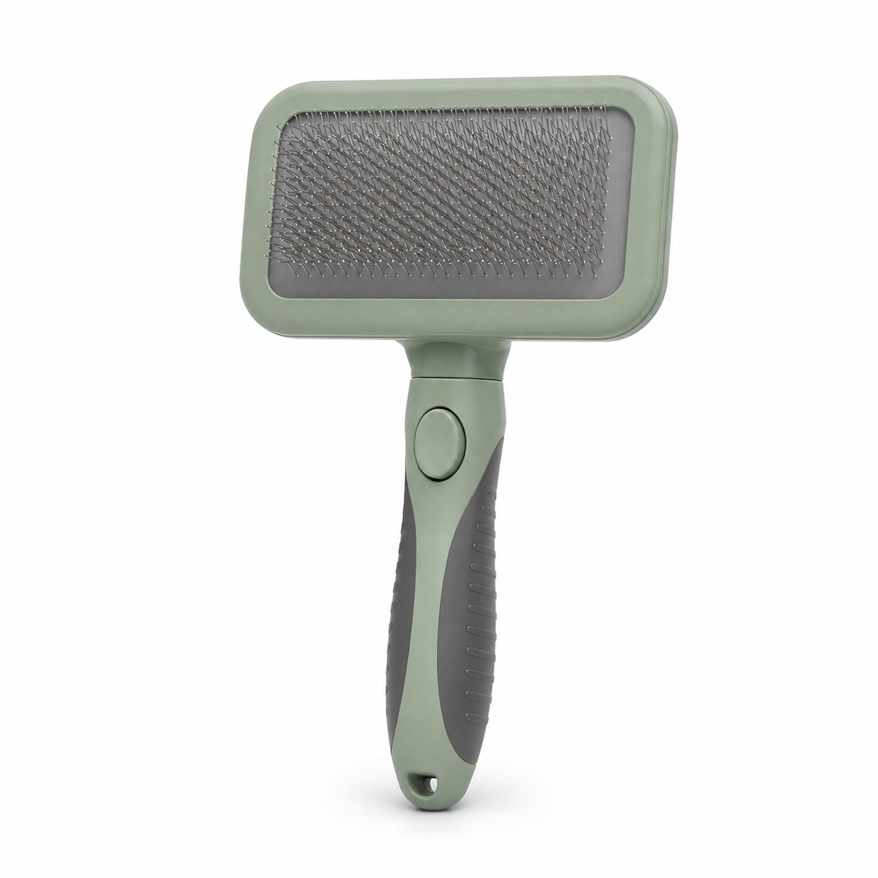Sage-green self-cleaning slicker brush for dogs and cats