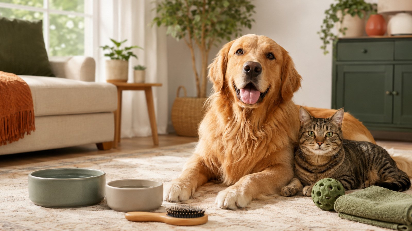 Golden retriever and tabby cat with water bowls, grooming brush, toy and towel