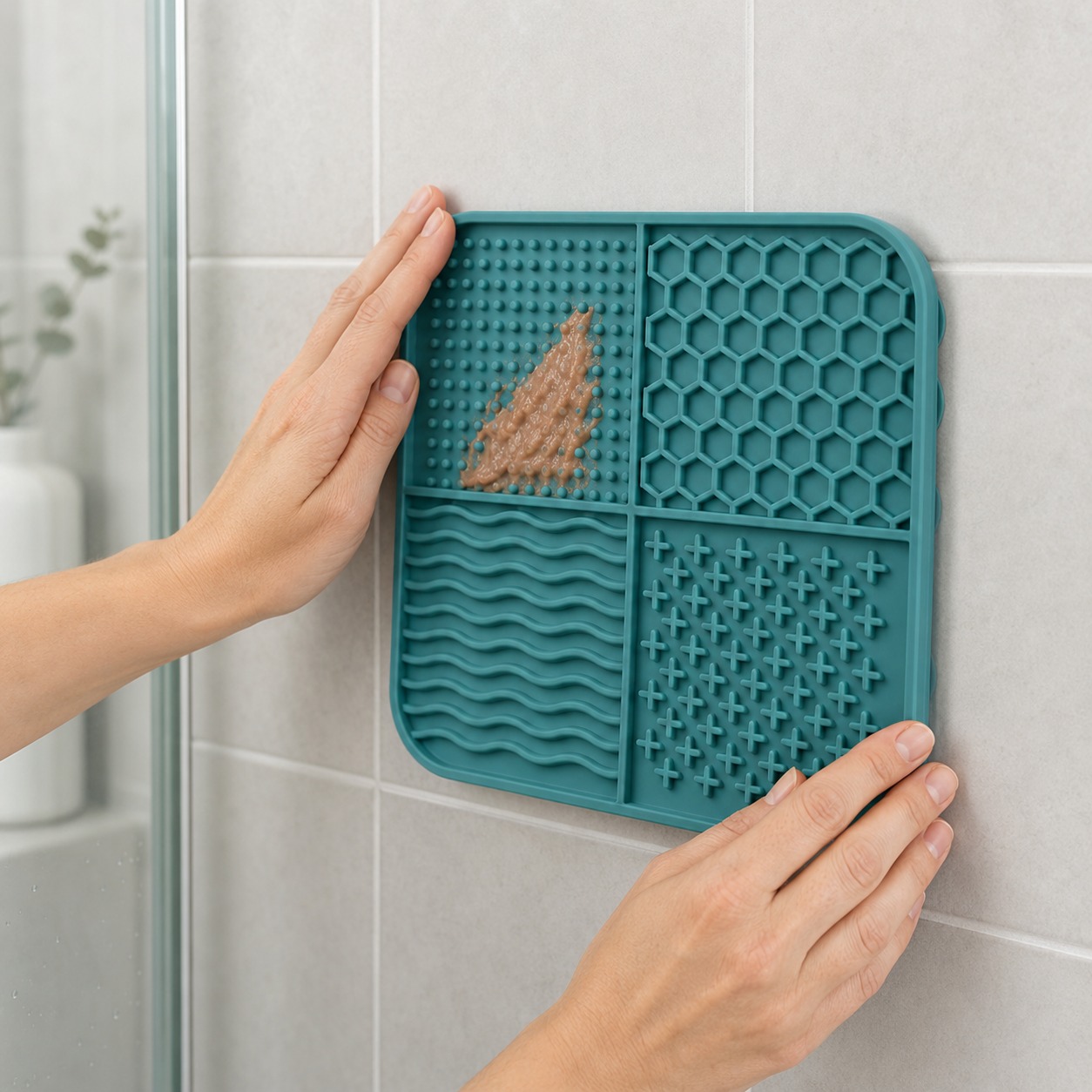Teal suction dog lick mat attached to a clean smooth tiled surface