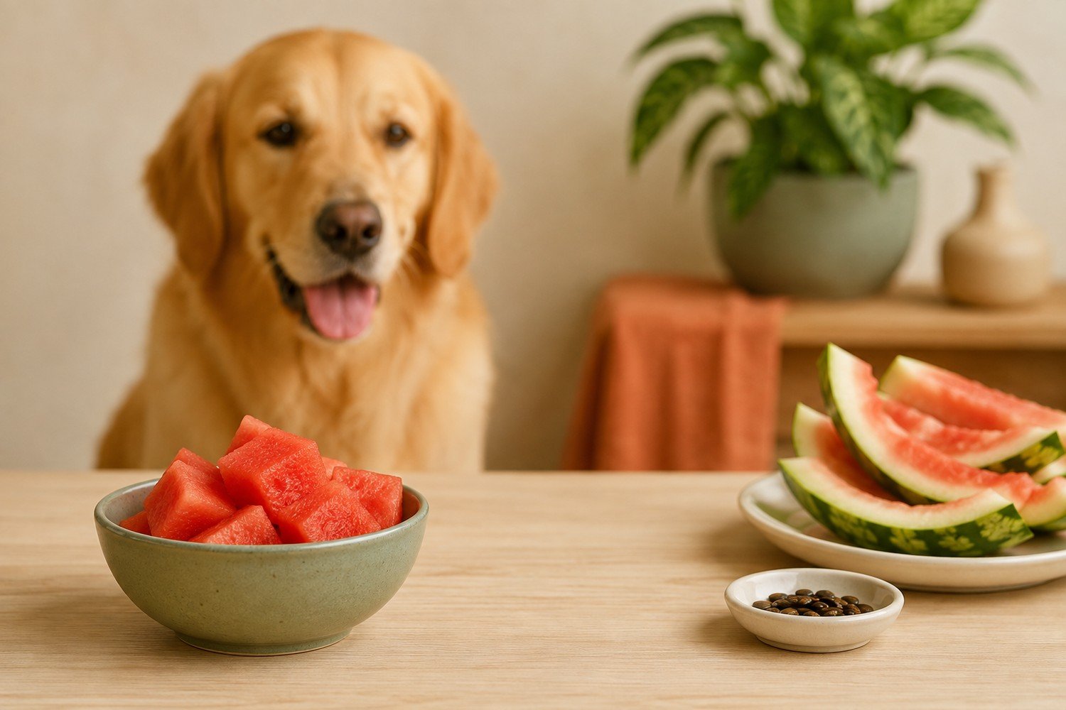 Small bowl of seedless watermelon flesh with rind and seeds kept separate for dog safety