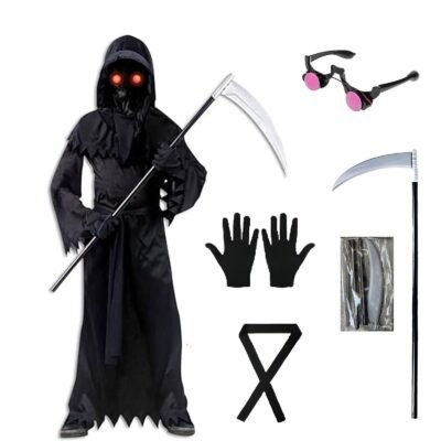 Grim Reaper costume kids – Hooded Robe, Mask, Gloves & Scythe 