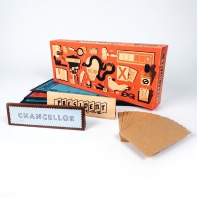 Secret Hitler social deduction board game with game box, President and Chancellor boards, cards, and envelopes
