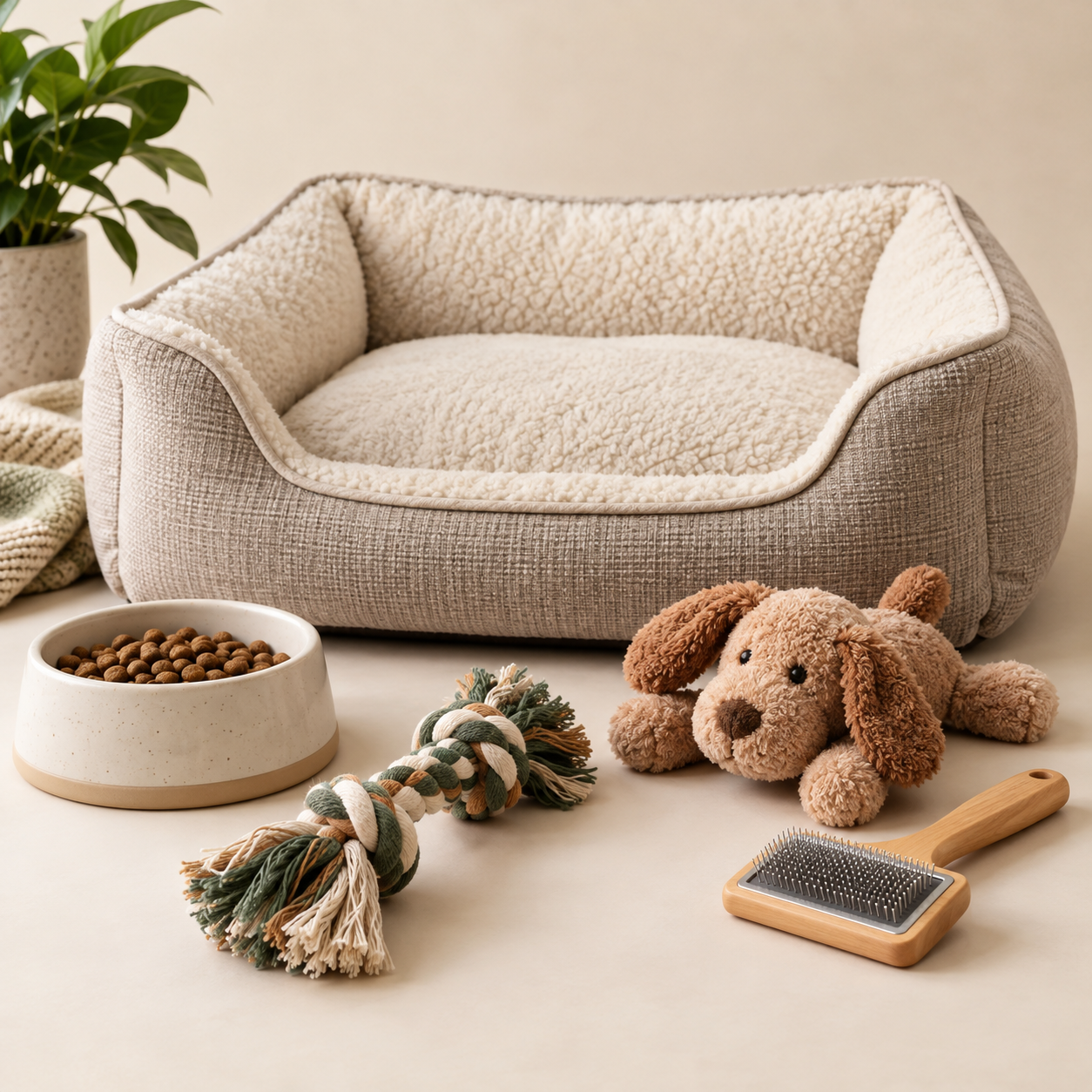 Pet essentials including bed, toy and grooming tools